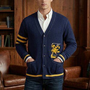 Polo Ralph Lauren Mens LETTERMAN Moose Patch Cardigan Blue Size S Sweater